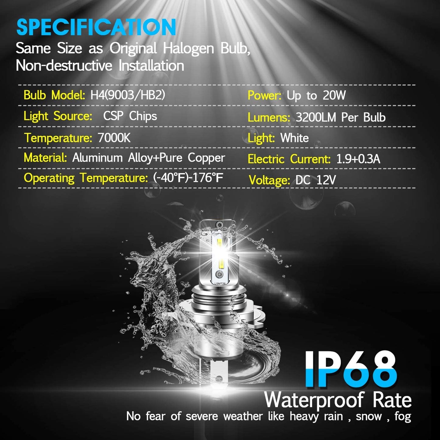 H4 9003 HB2 Motorcycle LED Headlight Bulb H19 LED Bulb All-in-One High Low Beam 6500-7000K Super Bright Headlamp Conversion Kit, 1 Pack